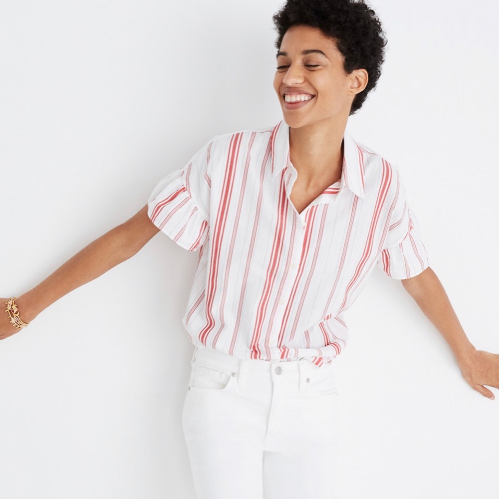 Central Ruffle-Sleeve Shirt Carey Stripe. Sz. XS.